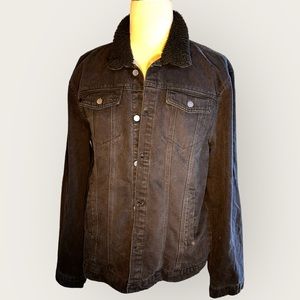 And Now This NWOT black jean jacket XXL plaid interior buttons faux sheer collar